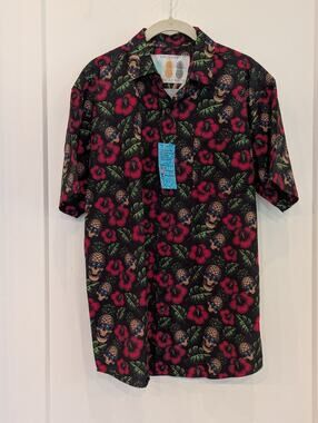 Tropical Bros. Pirate Pineapple Hawaiian Shirt Men's Medium Super Stretch Skull